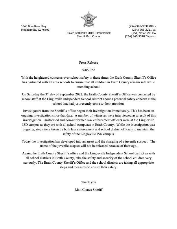 Erath County Sheriff Department Press Release
